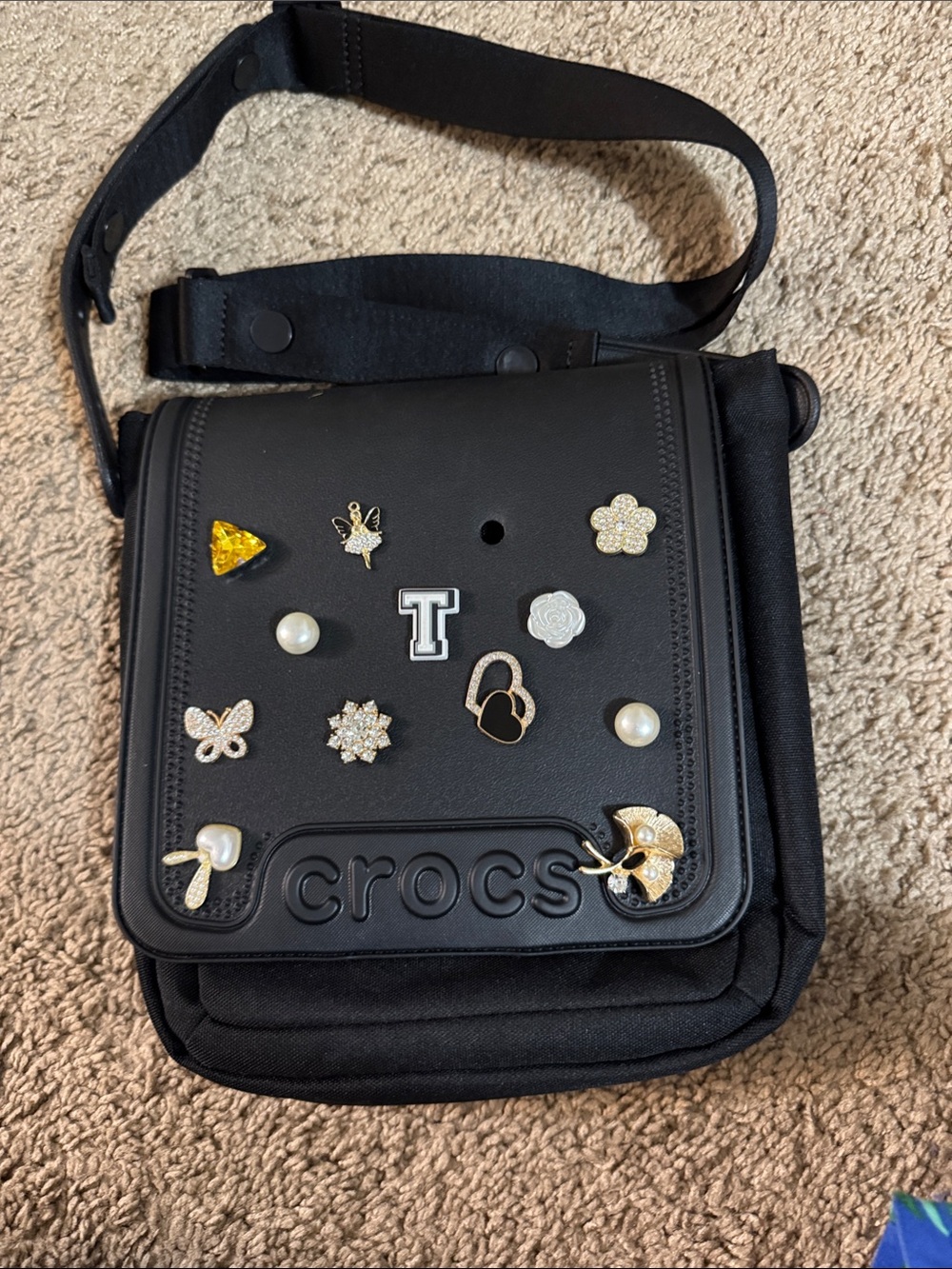 CROCS Black Crossbody Messenger Bag with Decorative Charms